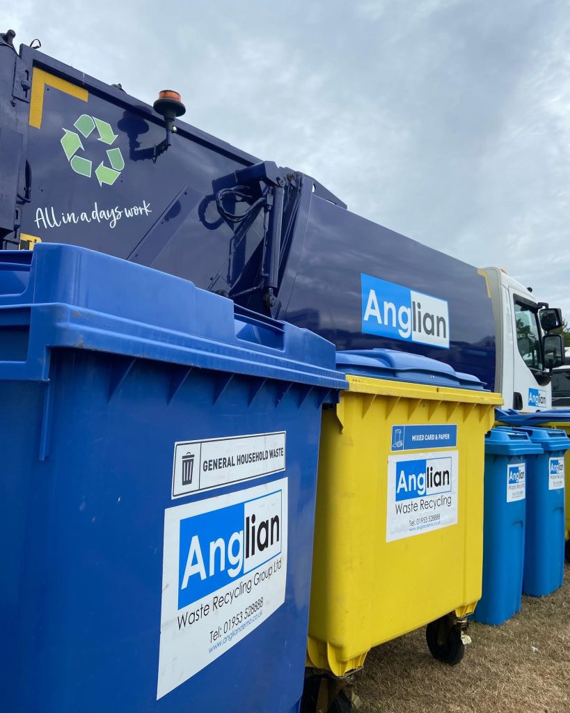Anglian Waste Recycling bin lorry and recycling bins